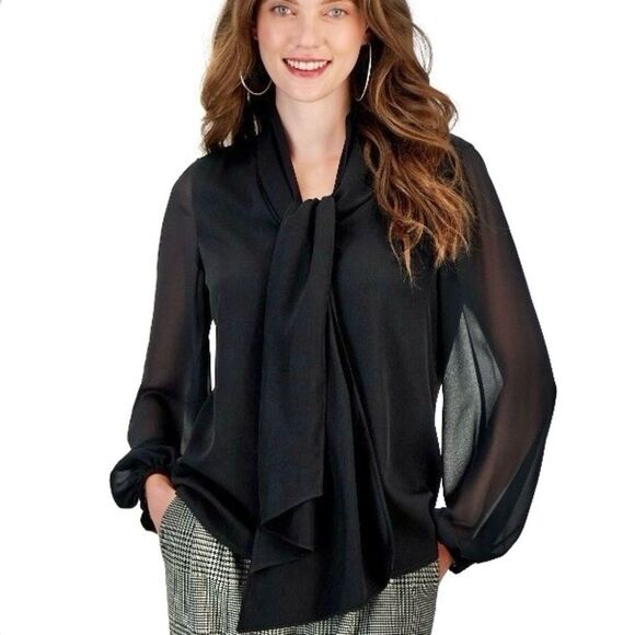 Bar III Women's Plus Size Chic Black Balloon Sleeve Blouse with Tie Neck 1X - Picture 1 of 7